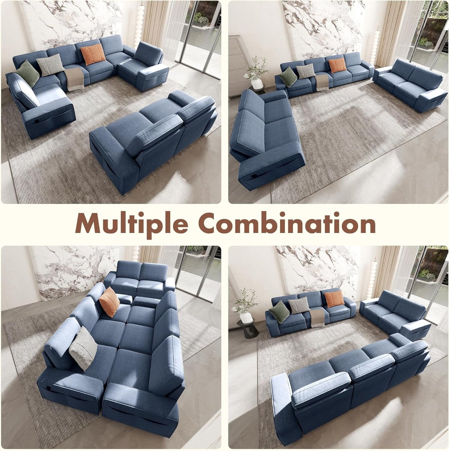 Blue U Shape Sectional Sofa for Living Room/Office 8 Seater Sofa Sets with Large Storage Space Comfy Chenille Cover (4-Seat Modular Sofa & 2×Loveseat Couch)-3