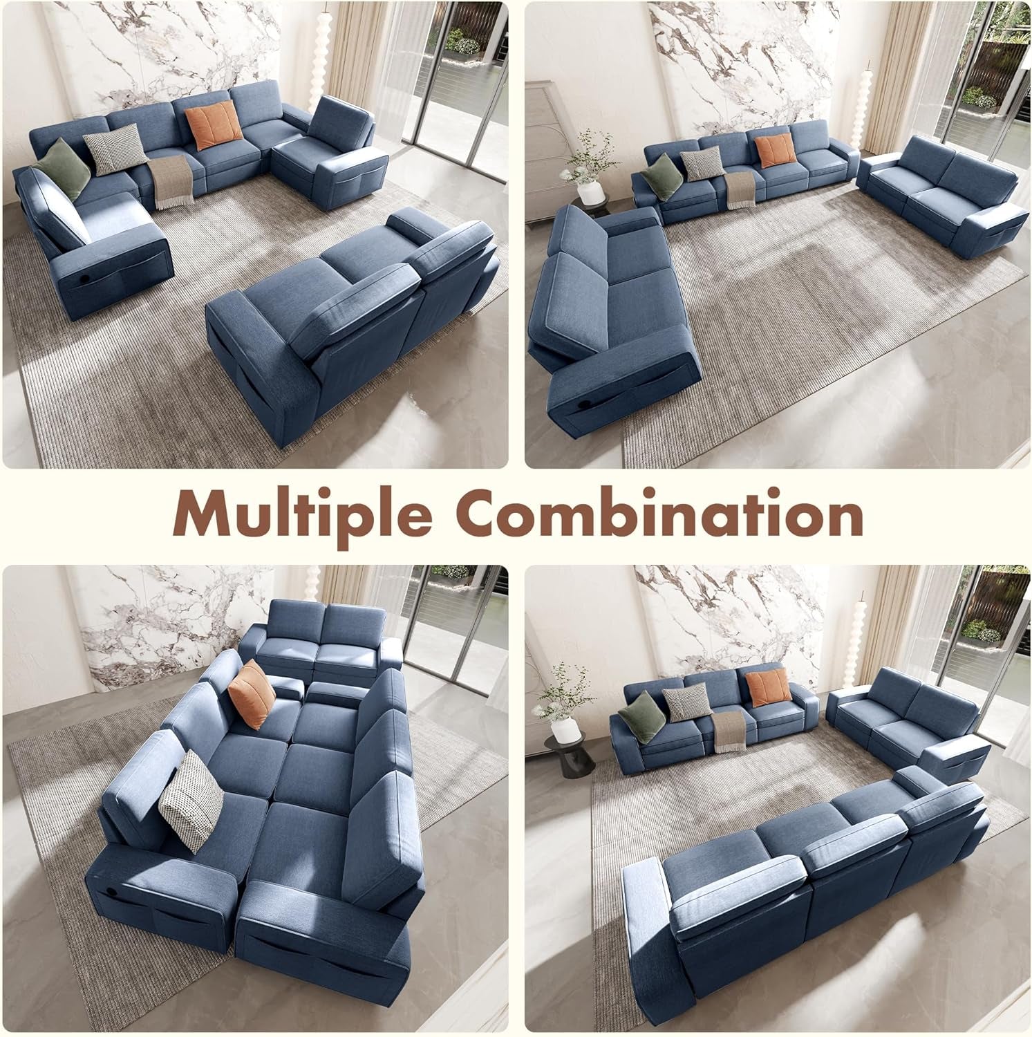 Blue U Shape Sectional Sofa for Living Room/Office 8 Seater Sofa Sets with Large Storage Space Comfy Chenille Cover (4-Seat Modular Sofa & 2×Loveseat Couch)-3