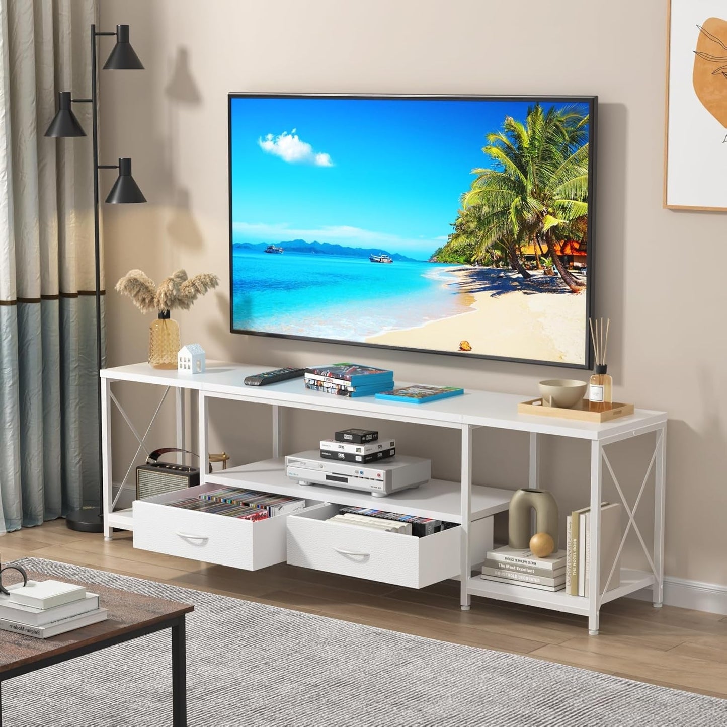 TV Stand with Fabric Drawers for 55 60 65 Inches TV - Entertainment Center and Industrial TV Console Table with Open Storage Shelves for Living Room, Bedroom - 55.1" White-3