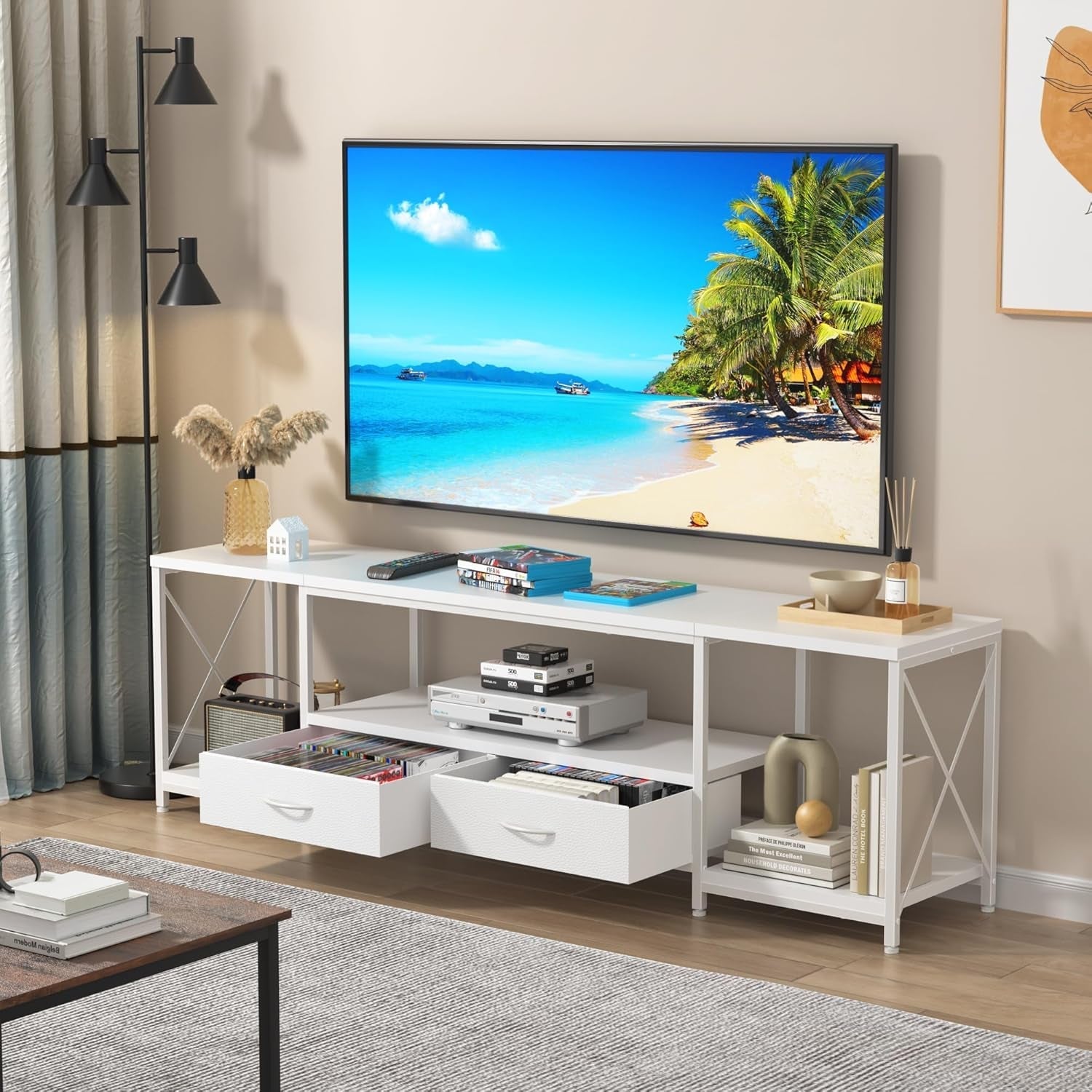 TV Stand with Fabric Drawers for 55 60 65 Inches TV - Entertainment Center and Industrial TV Console Table with Open Storage Shelves for Living Room, Bedroom - 55.1" White-3