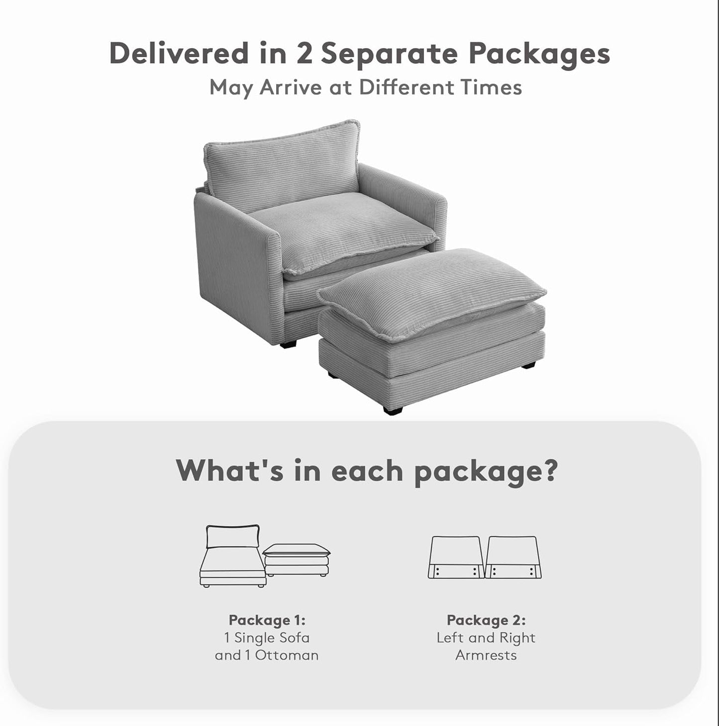 Convertible Sectional Couch with Ottoman, Corduroy Single Armchair with Ottoman, Upholstered Couch with Convertible Chaise, Modern Living Room Furniture Set, Light Grey-2