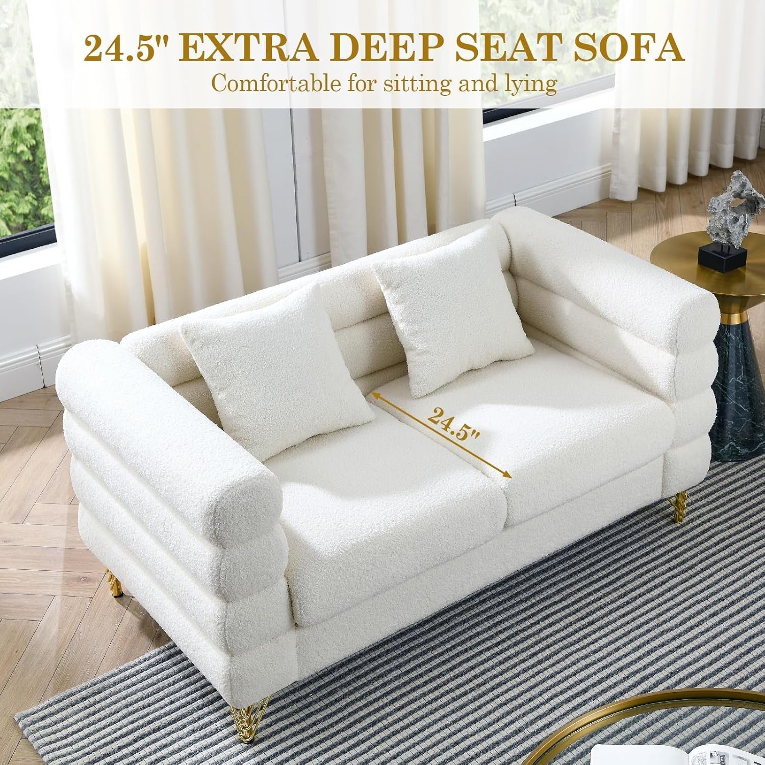 Sofa, 2 Pieces Sofa Set,Oversize 2/3 Seater Extra Deep Seat Sofa,Modern Upholstered Futon White Sofa Couch, Comfy Bouclé Cloud Sofa,Furniture for Living Room,Bedroom,Office,Apartment(White)-2