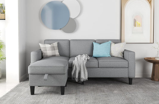 Sectional Sofa Couches for Living Room, Small Space Couch L-Shaped Sofa, 3 Seat Modern Sofas Convertible with Storage Ottoman for Small Space, Bedroom, Offices and Apartments, Light Grey-0