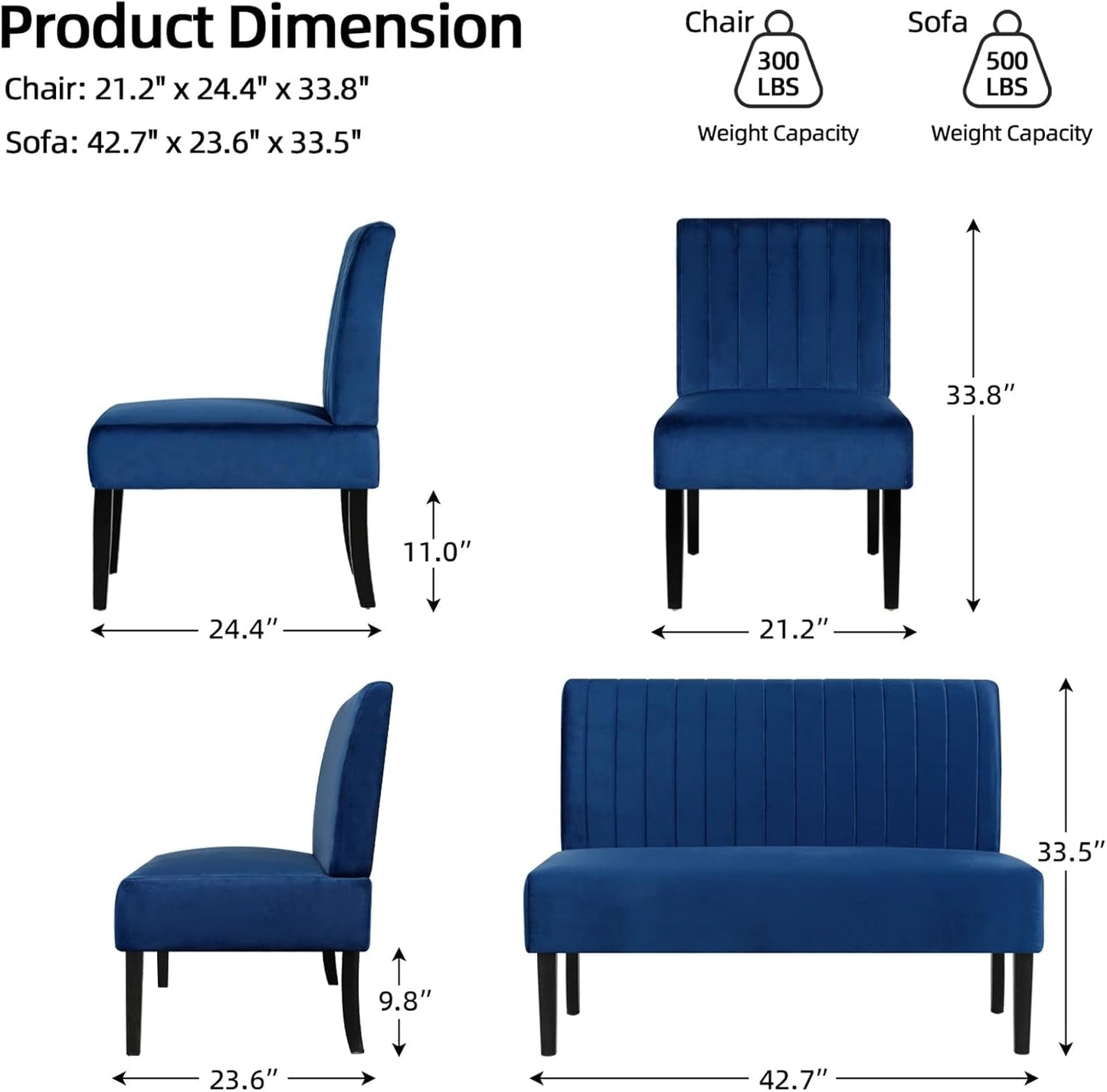 3 Piece Living Room Furniture Set with USB, Mini Small Comfy Couch for Bedroom, Accent Chairs and Loveseat Sofa Couch Set, Small Couch for Small Space, Apartment (Blue Velvet, 1+1+2(Armless))-2