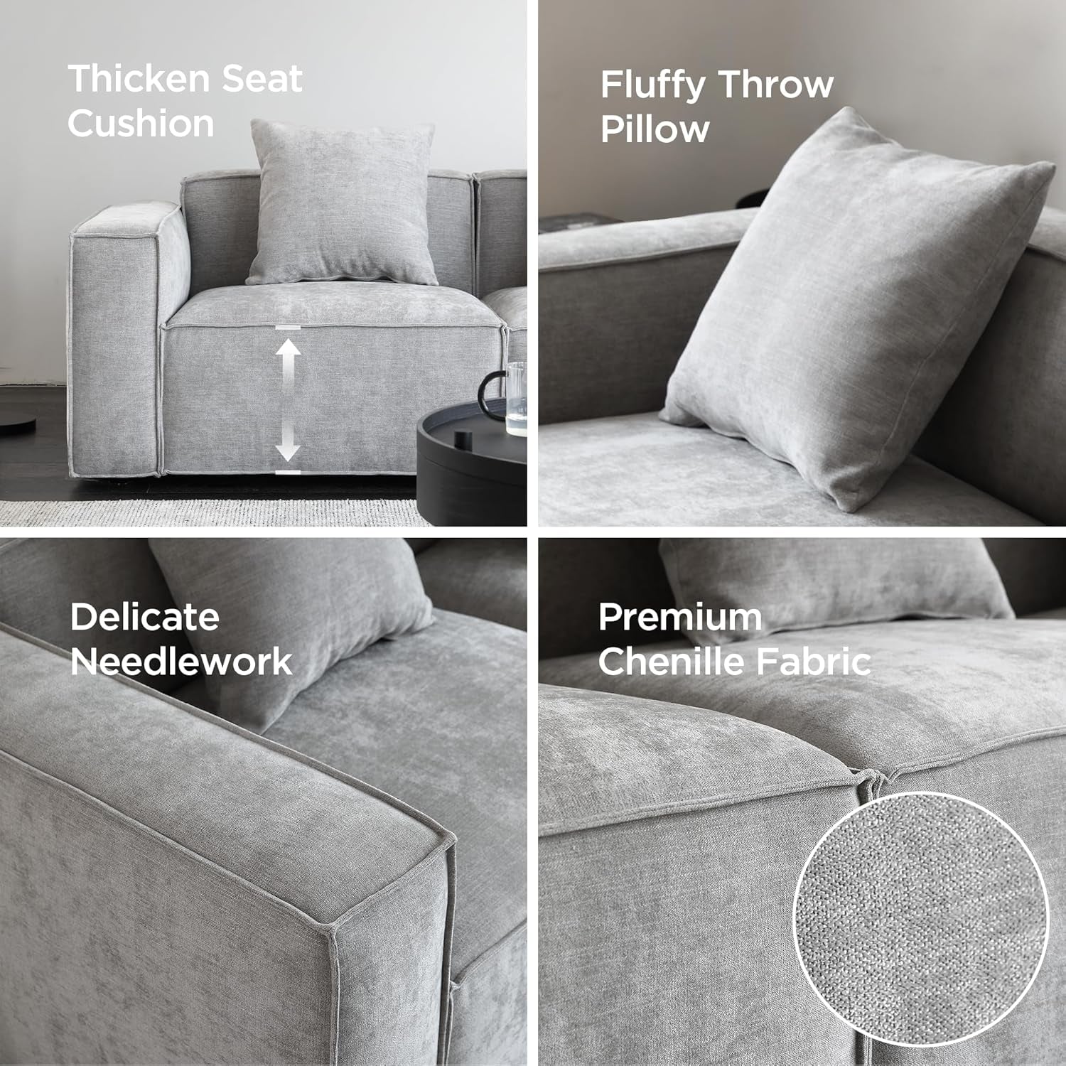 Luxury Modular Sectional Living Room Sofa Set, Modern Minimalist Style Couch with Ottoman and Chaise, L-Shape, Grey-4