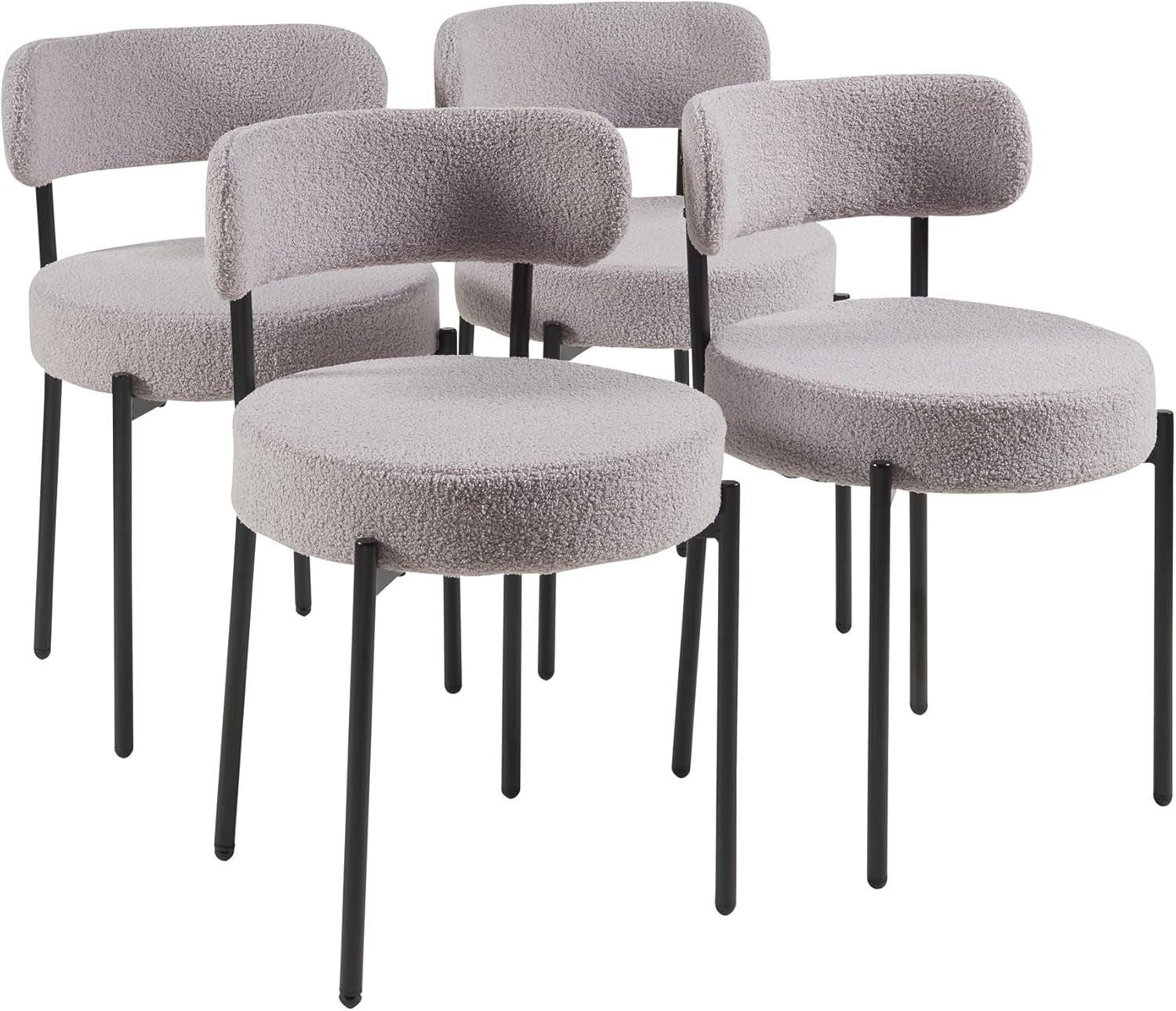 Modern Dining Room Chairs, Mid-Century round Upholstered Boucle Kitchen Dining Chairs with Black Metal Legs (4, Grey)-0