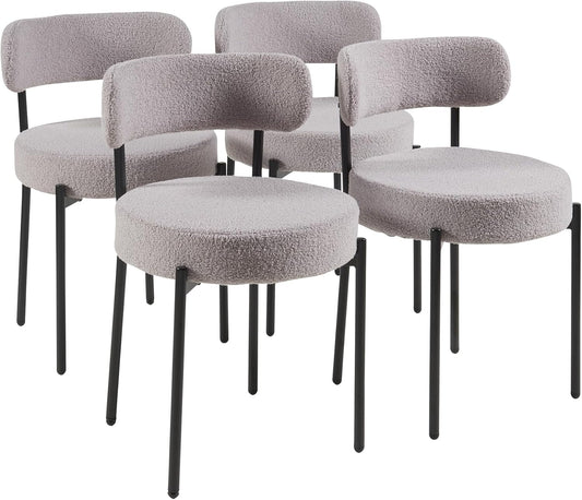 Modern Dining Room Chairs, Mid-Century round Upholstered Boucle Kitchen Dining Chairs with Black Metal Legs (4, Grey)-0