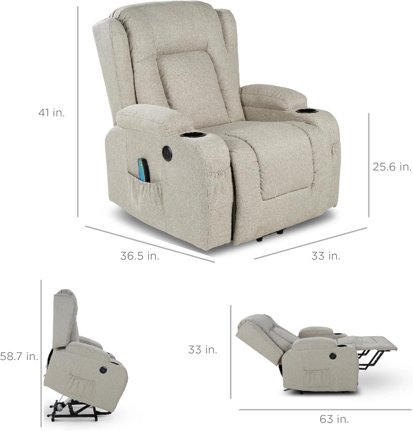 Modern Linen Electric Power Lift Chair, Recliner Massage Chair, Adjustable Furniture for Back, Legs W/ 3 Positions, USB Port, Heat, Cupholders, Easy-To-Reach Button - Greige-1