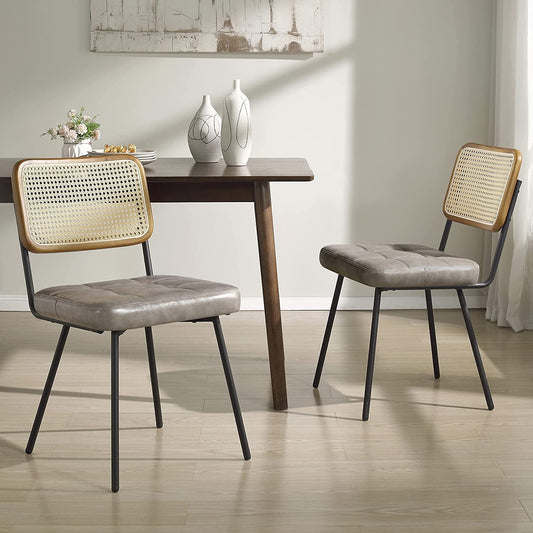 Rattan Back Mid Century Dining Chairs Set of 2 in Gray-0