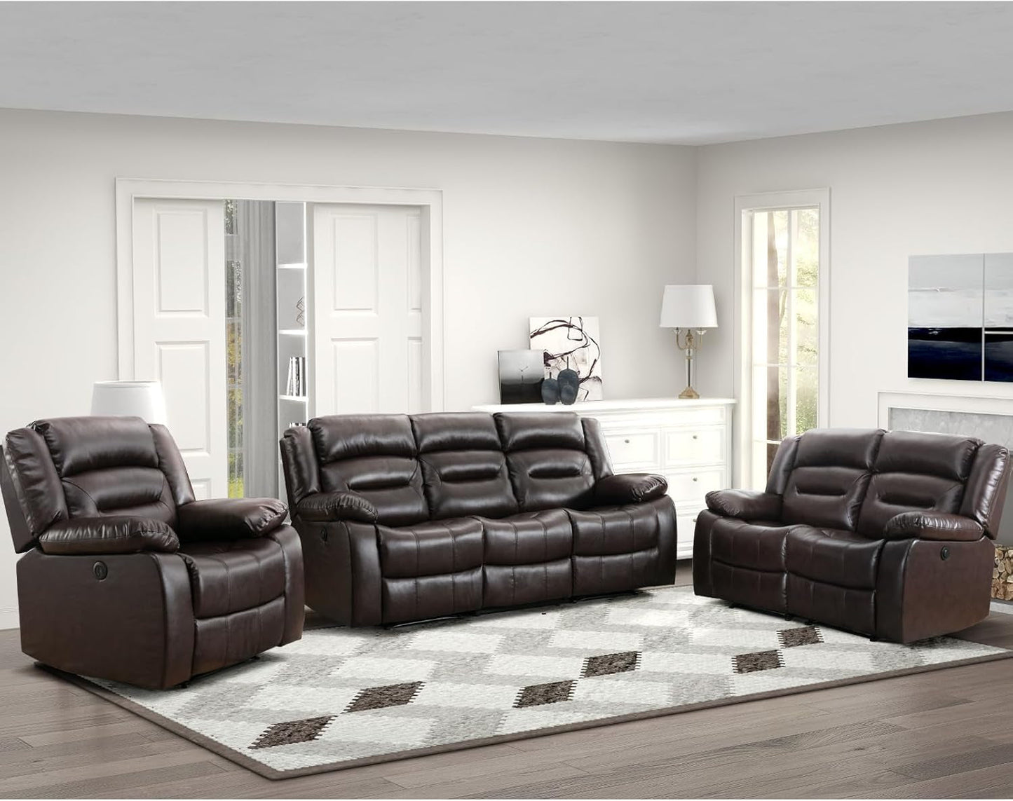 Faux Leather Power Recliner Sofa Set, Electric Recliner Chair, Loveseat Reclining Sofa and 3 Seat Recliner Sofa, Couch Set for Living Room, Bedroom Furniture, Meeting Room, Brown-0