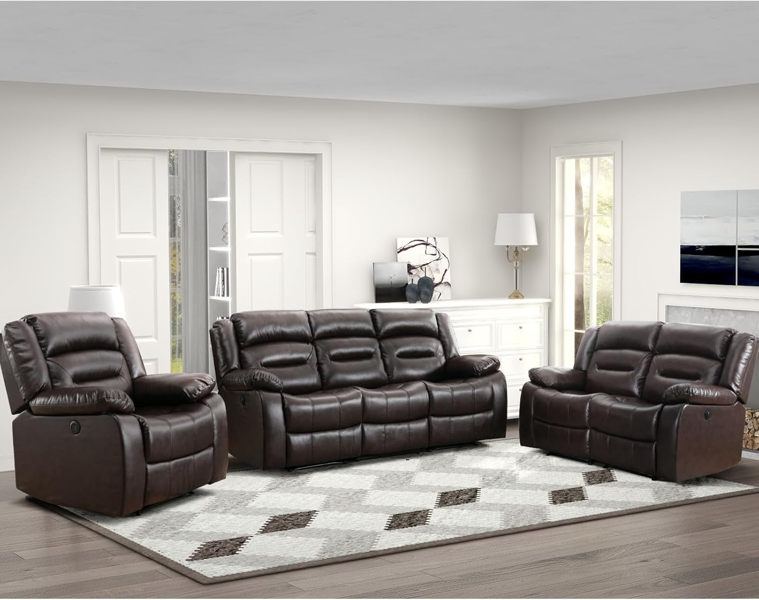 Faux Leather Power Recliner Sofa Set, Electric Recliner Chair, Loveseat Reclining Sofa and 3 Seat Recliner Sofa, Couch Set for Living Room, Bedroom Furniture, Meeting Room, Brown-0