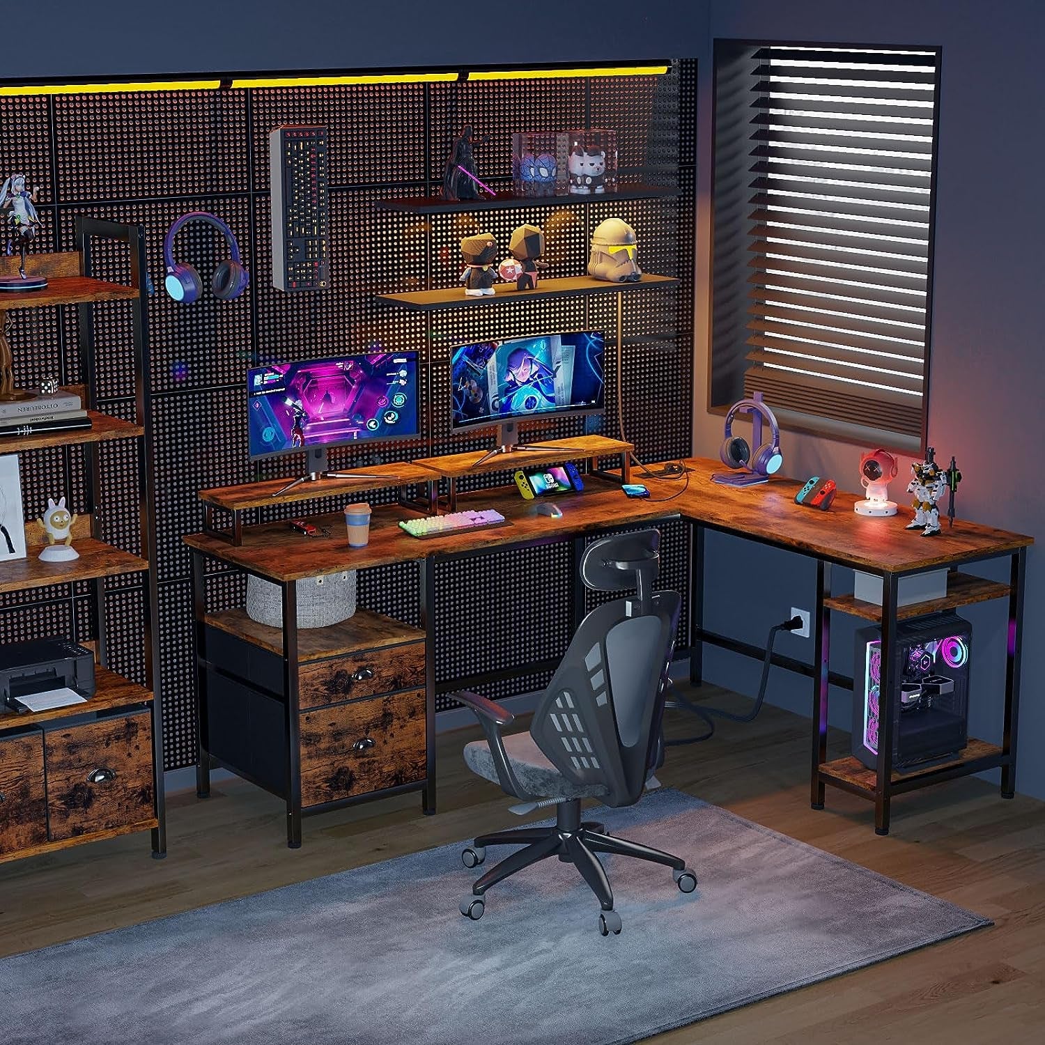 66” L Shaped Desk with Power Outlet, Reversible Computer Gaming Desk with File Drawer & 2 Monitor Stands for Home Office with Storage Shelves, Rustic Brown-1