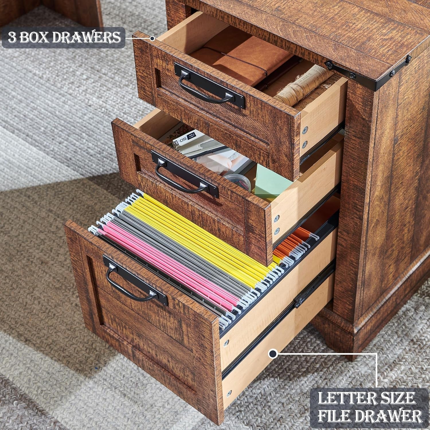 60" Farmhouse L Shaped Executive Desk with Drawers, Wood Home Office Corner Desk with Charging Station, File Drawer, Storage Cabinet, Rustic Computer Writing Desk (Reclaimed Barnwood)-3