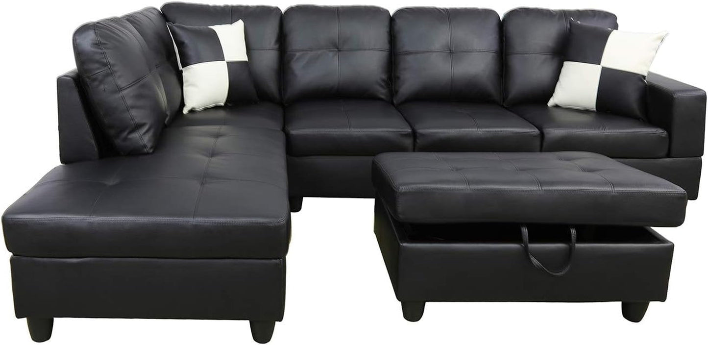 Ainehome 3 PCS Living Room Set, Sectional Sofa Set, L-Shape Couch in Home, with Storage Ottoman and Matching Pillows (Left Hand Facing,Black)-2