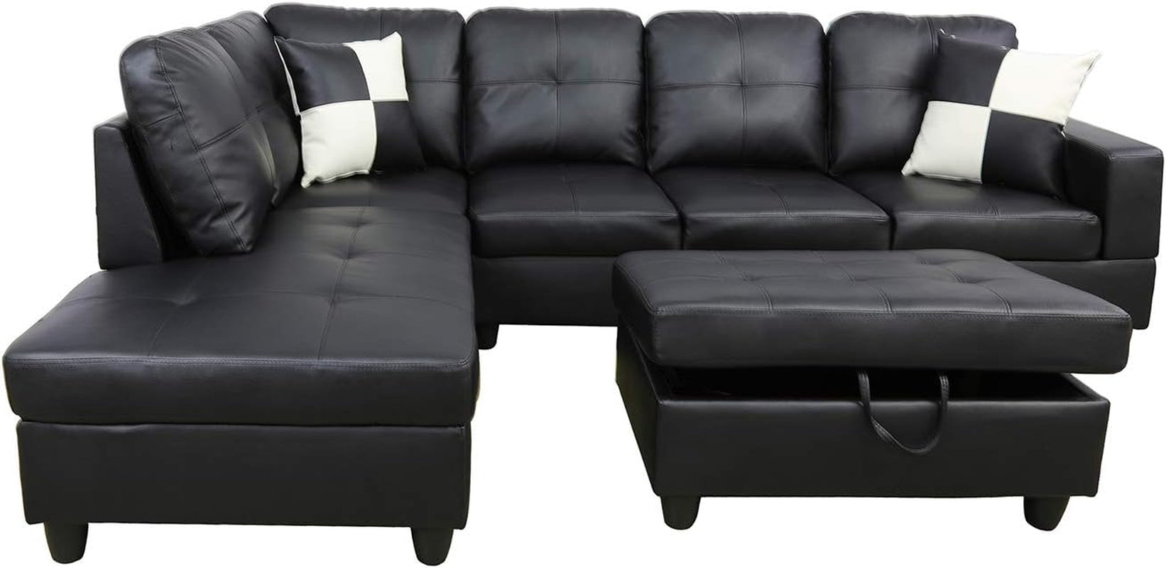 Ainehome 3 PCS Living Room Set, Sectional Sofa Set, L-Shape Couch in Home, with Storage Ottoman and Matching Pillows (Left Hand Facing,Black)-2