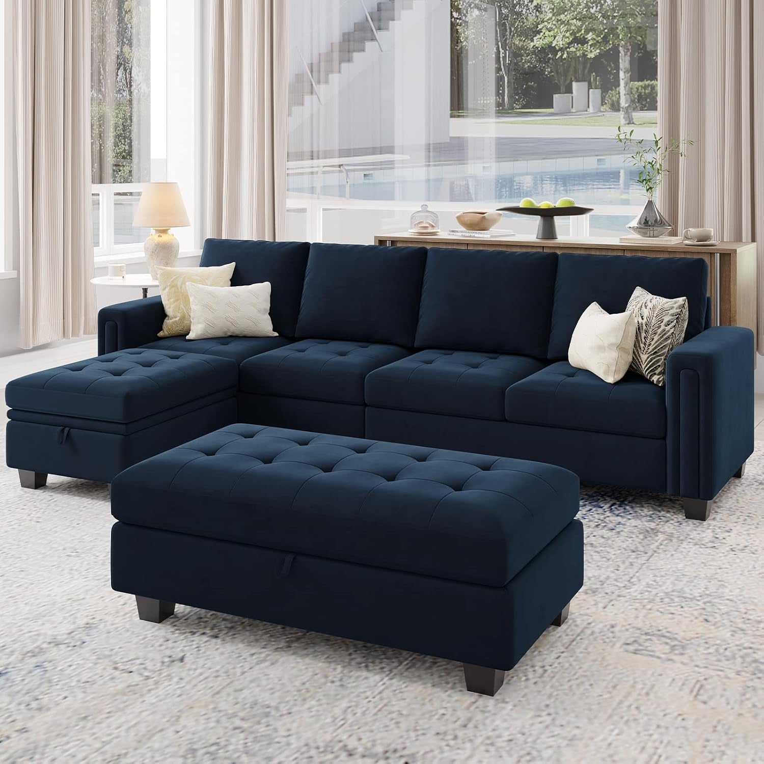 Velvet Convertible 4-Seat Sectional Sofa with Reversible Chaise L Shaped Sofa Couch Furniture Sets Sectional Couch with Storage Ottoman Blue-2
