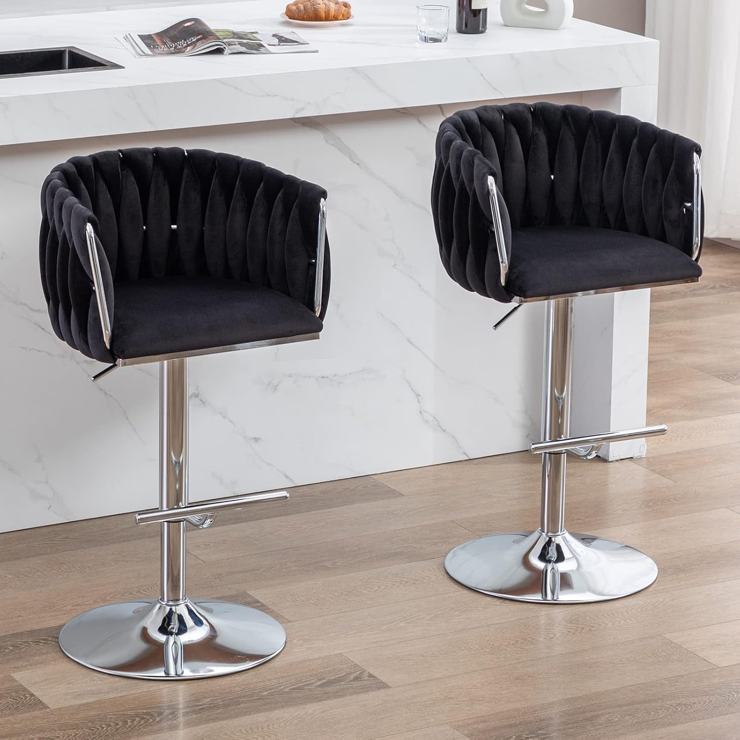 Modern Swivel Bar Stools Set of 2, Velvet Adjustable Height Barstool with Barrel Back Kitchen Island Counter Bar Chair with Chrome Base, Black-0