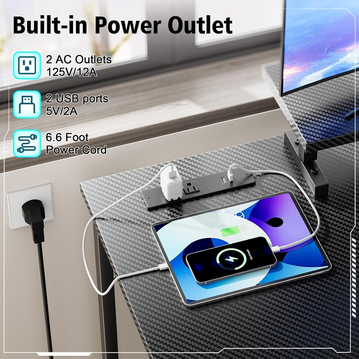 OMICON Computer Desk with LED Light, 42-55 Inch Gaming Desk with Reversible Storage Shelves, Office Desk with Power Outlets Corner Desk for Home Office, Small Space Desk Black Carbon Fiber (42)-3