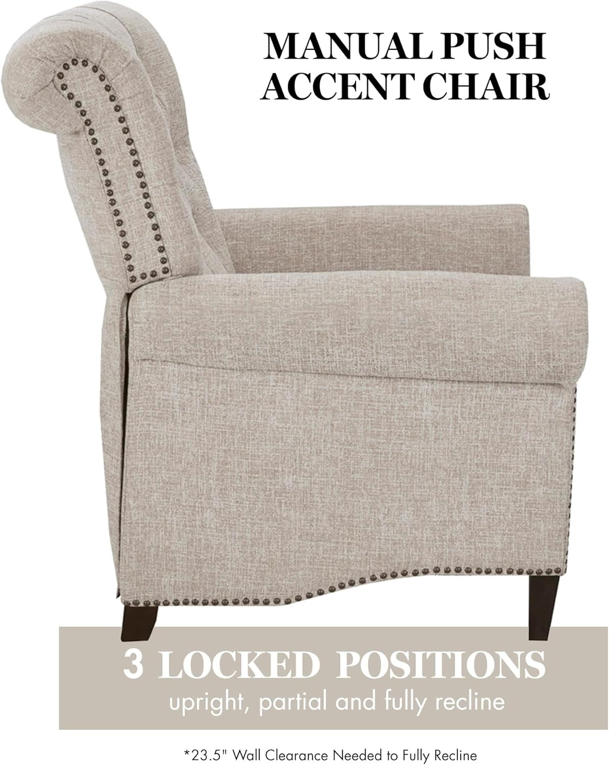 Aidan Recliner Chair - Solid Wood, Plywood, Roled Back Button Tufted Accent Armchair Modern Classic Style Family Room Sofa Furniture, Cream-4