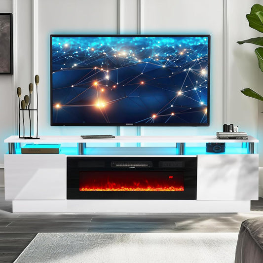80" Modern Electric Fireplace TV Stand for Tvs up to 90 Inch, with Electronic Flame and LED Lights, Luxury High Gloss Finish Entertainment Center, TV Console Cabinet for Living Room, White-0