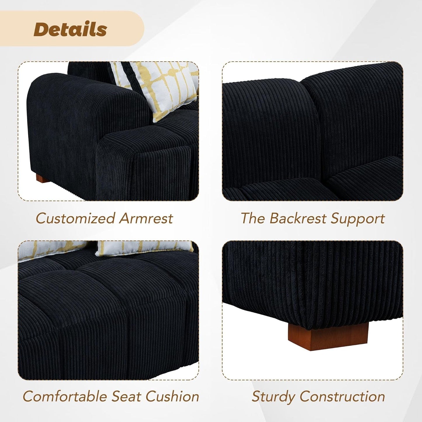 103.9" Living Room Sofa Set, Modern Couch Corduroy Fabric Comfy Sofa with Rubber Wood Legs, 4 Pillows for Living Room/Bedroom/Office, Black-3