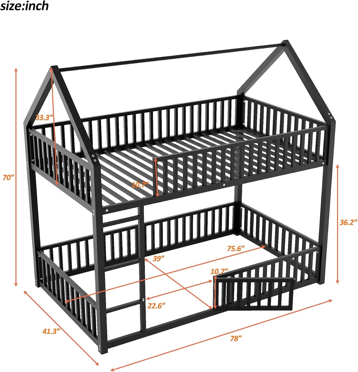 Metal Bunk Beds Twin over Twin Size, Twin over Twin Bunk Beds for Kids, Floor Bunk Bed, House Bunk Bed for Kids，Black-1