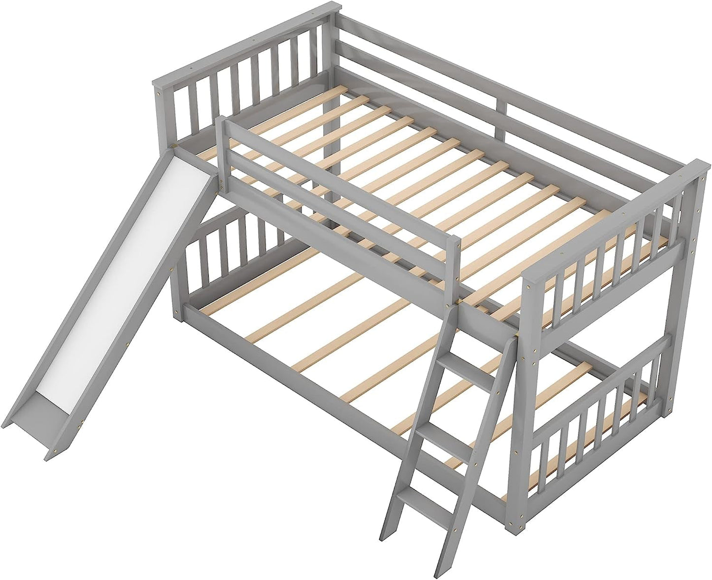 Grey Low Twin Bunk Bed with Slide and Ladder-3