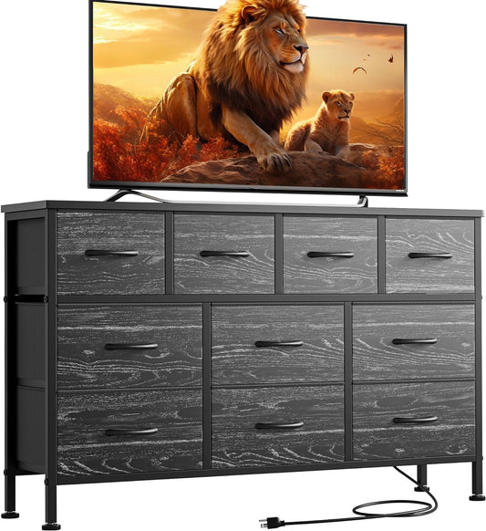 Dresser for Bedroom 10 Drawer Dresser TV Stand with Power Outlet, Entertainment Center Chest of Drawers for 55 Inch TV, Black Fabric Dresser for Bedroom Living Room Hallway Closets-0