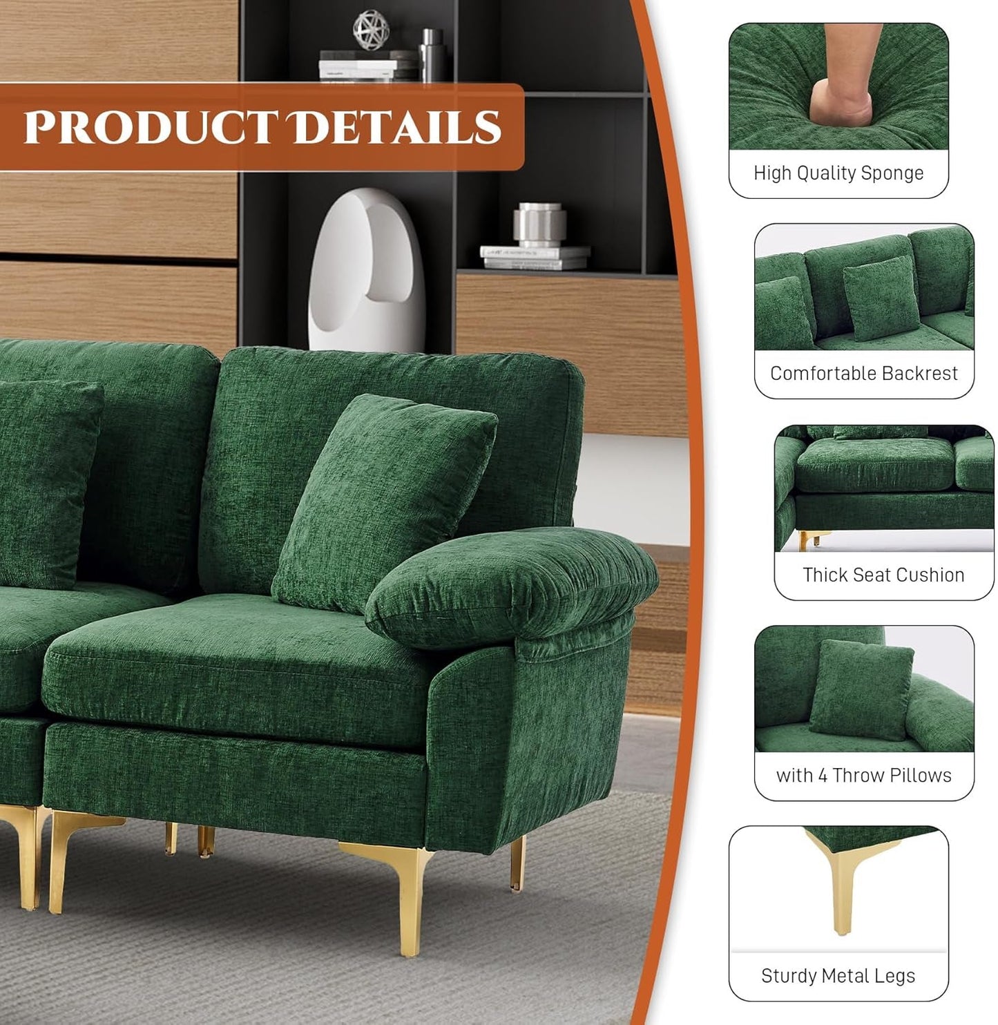 U-Shaped Sectional Sofa Couch, 4 Seat Chenille Sofa Set for Living Room, Convertible L-Shaped Couch Set with Ottoman, Chaise Lounge and 4 Pillows,114 Inches, Dark Green-3
