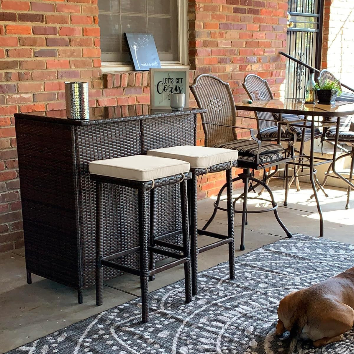 3Pcs Outdoor Bar Set, Patio Wicker Bar Furniture with 2 Storage Shelves, Glass Top Table, Cushions and Two Stools, Brown/Khaki-4