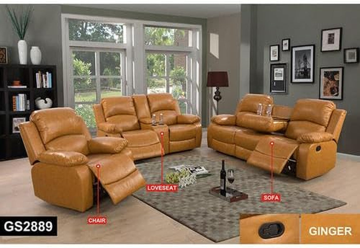 Manual Leather Recliner Sofa Set for Living Room Furniture Set,Leather Recliner Couch Set for Home/Office,Leather Couch Set for 3-Pieces(Sofa+Loveseat+Chair) Ginger, Sofa+Lovsesat+Chair-4