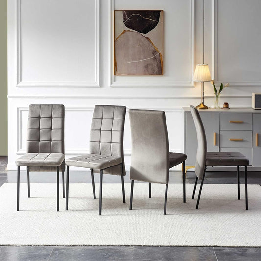 Upholstered Velvet Dining Chairs Classic Kitchen High Back Chairs Set of 4, Featured Dovetail Tufted Side Chairs, Black Metal Legs, Grey-0