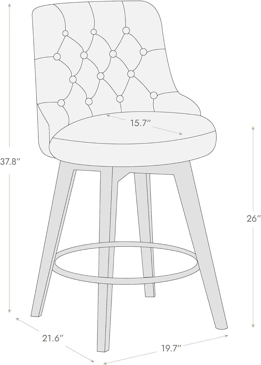 Counter Height Bar Stools, Faux Leather Upholstered Modern Swivel Barstool with Back, Solid Wood Legs, 26" H Seat, White-2