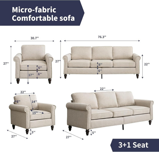 2 Piece Living Room Sofá Set, 3 Seat Sofa and Armchair with Solid Wood Frame and 4 Gourd Shapes Legs for Home/Bedroom/Apartment(Beige)-1