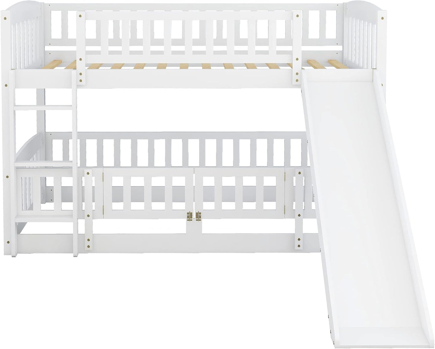 Bunk Bed Twin over Twin with Slide and Stairs, Twin Bunk Bed for Kids, Girls, Boys, Floor Bunk Bed with Fence and Door, White-4