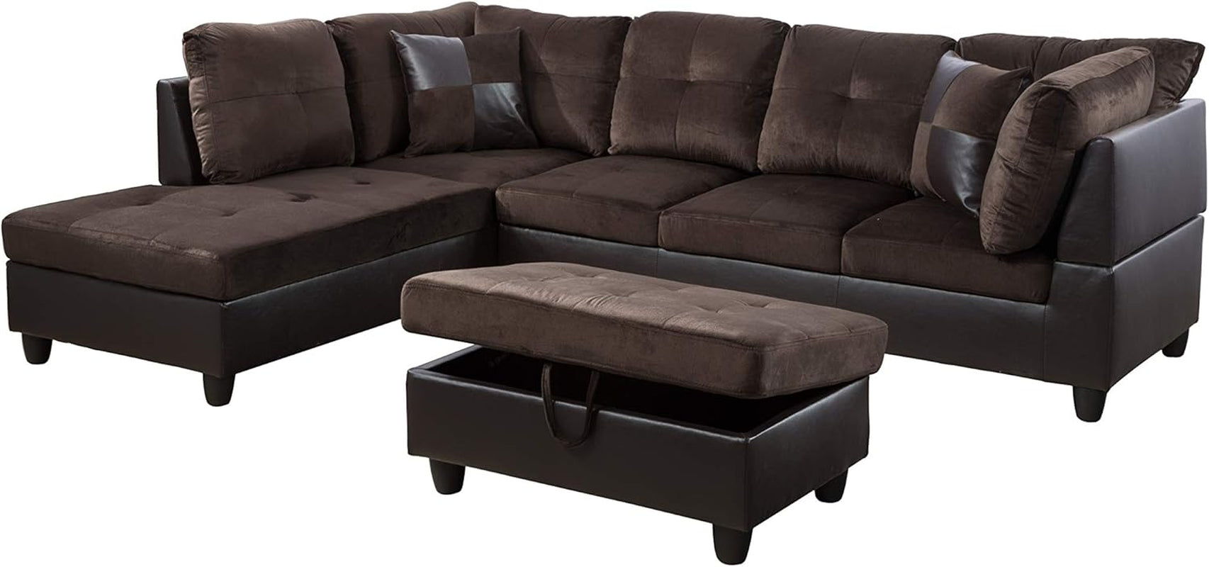 3-Piece Contemporary Sectional Sofa with Chaise and Storage Ottoman for Living Room Furniture | Faux Leather & Microfiber Upholstery|Removable High Density Memory Foam Cushions (Chocolate,Left-Facing)-0