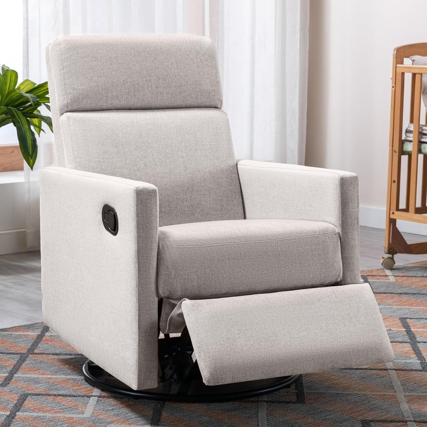 Modern Modern Soft Linen Swivel Push Back Rocker Recliner W/Headsupport Adjustable Nursery Glider Chair for Living Room, Bedroom Tan-0