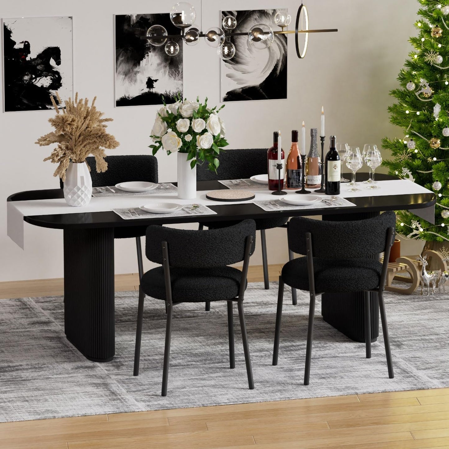 Black Boucle Round Back Dining Chairs Set of 4-0