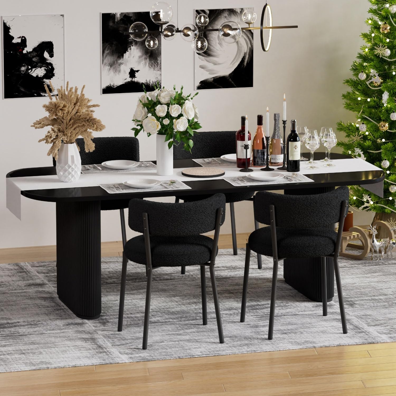 Black Boucle Round Back Dining Chairs Set of 4-0