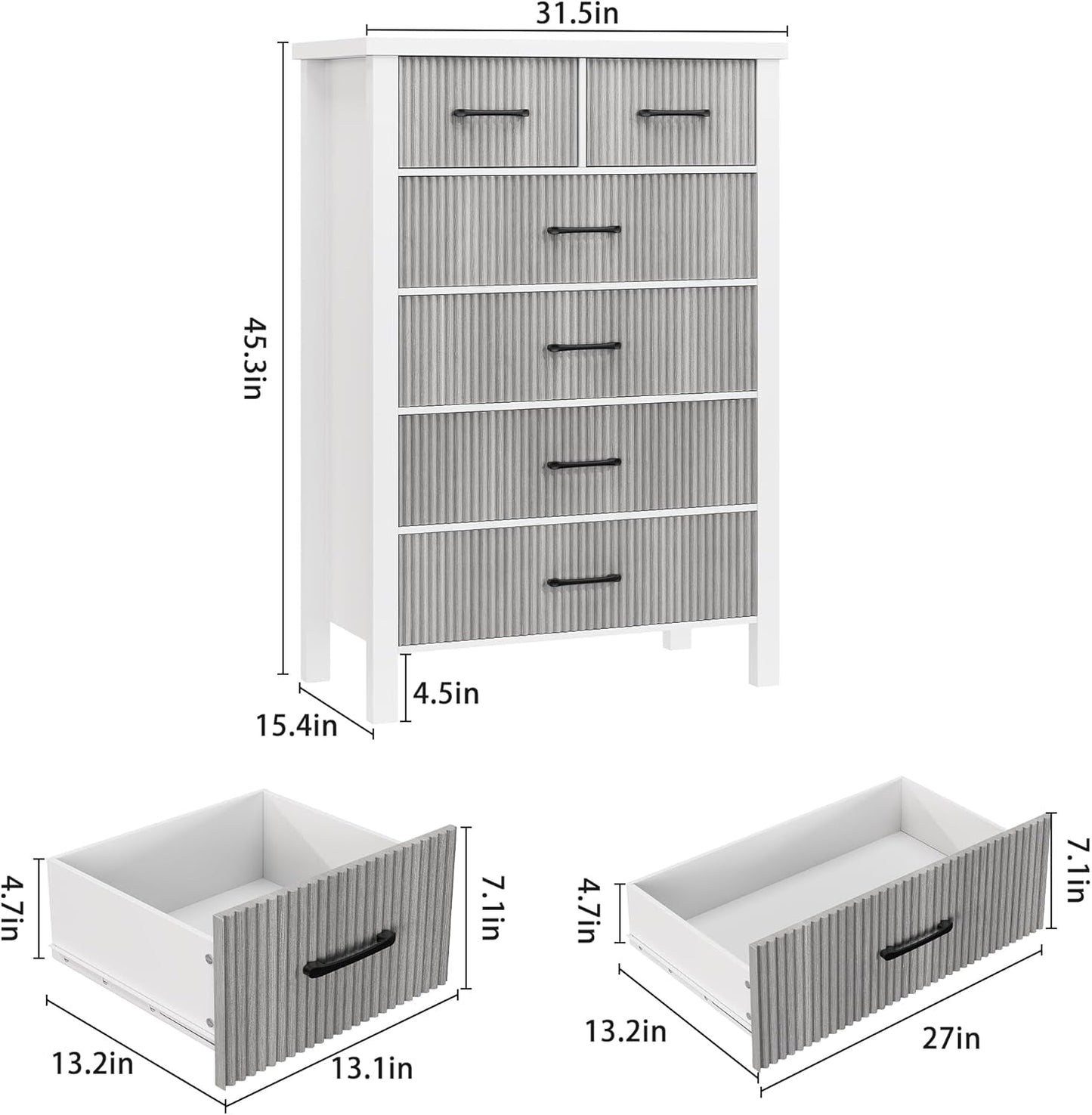 White Dresser 6 Drawer Dresser for Bedroom, Modern Fluted Dresser with Solid Wood Legs, Tall Double Wooden Dresser Large Chest of Drawers for Living Room, Entryway, Hallway (Grey Fluted)-1