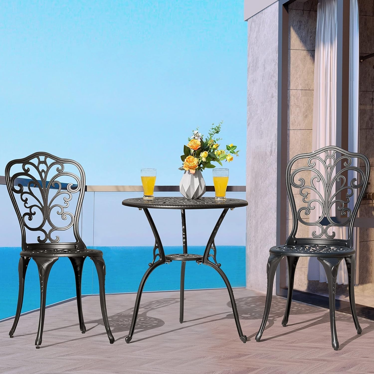 3 Piece Outdoor Bistro Table Set, All Weather Cast Aluminum Patio Bistro Sets Patio Table and Chairs Set of 2 with Umbrella Hole for Yard, Garden, Balcony, Black-2