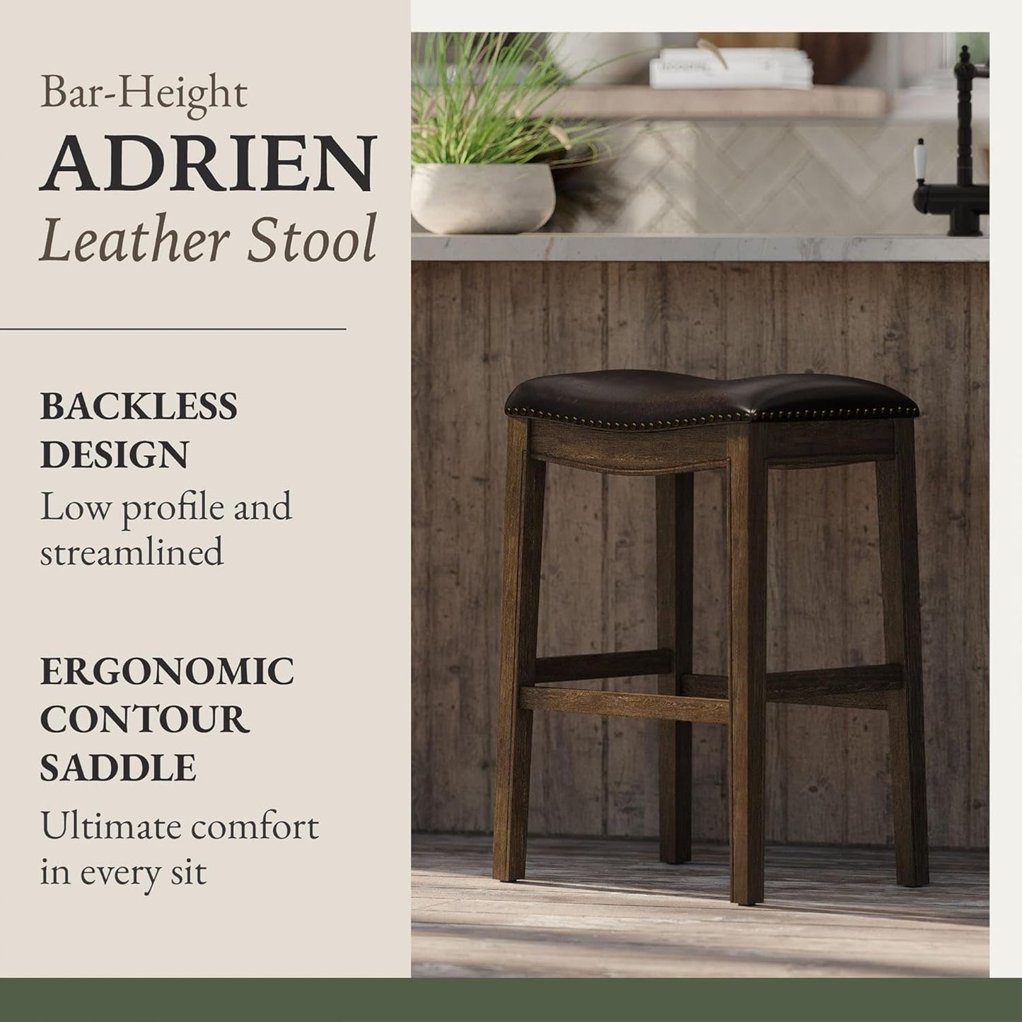 Adrien 31 Inch Bar Height Backless Saddle Barstool in Dark Walnut Finish with Marksman Saddle Vegan Leather Cushion Seat-3