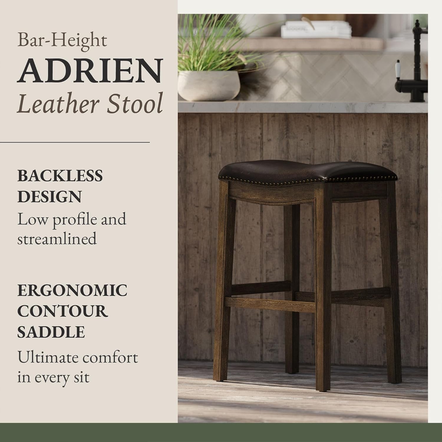 Adrien 31 Inch Bar Height Backless Saddle Barstool in Dark Walnut Finish with Marksman Saddle Vegan Leather Cushion Seat-3