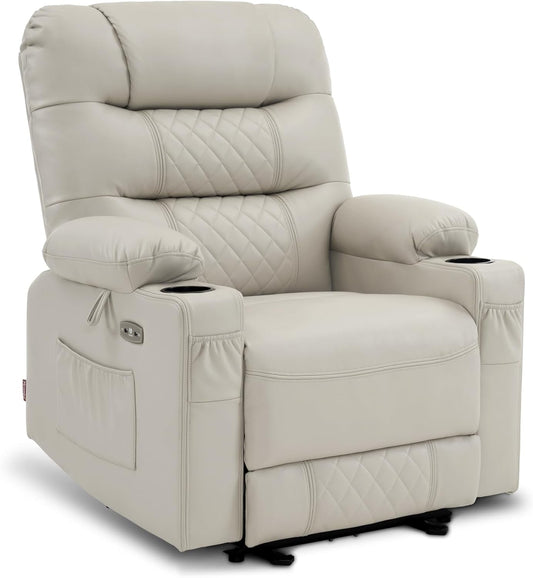 Power Recliner Chair with Heat and Vibration, Cup Holder, USB Port, Extended Footrest, Faux Leather, Electric Reclining Sofa for Living Room PR621 (Light Grey)-0