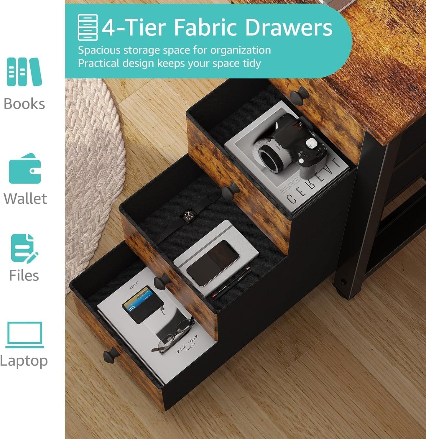 55 Inch Computer Desk with 4 Fabric Drawers & Storage Shelves, Writing Work Study Desk for Home Office Bedroom, Modern Simple Student PC Desks Table, Rustic Brown-4