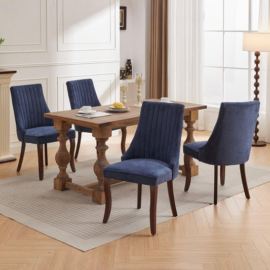 Linen Dining Chairs Set of 4,Comfy Fabric Upholstered Accent Chairs for Kitchen Living Room,Channel Tufted Dining Room Chairs with Curved Solid Wood Legs(Blue)-1