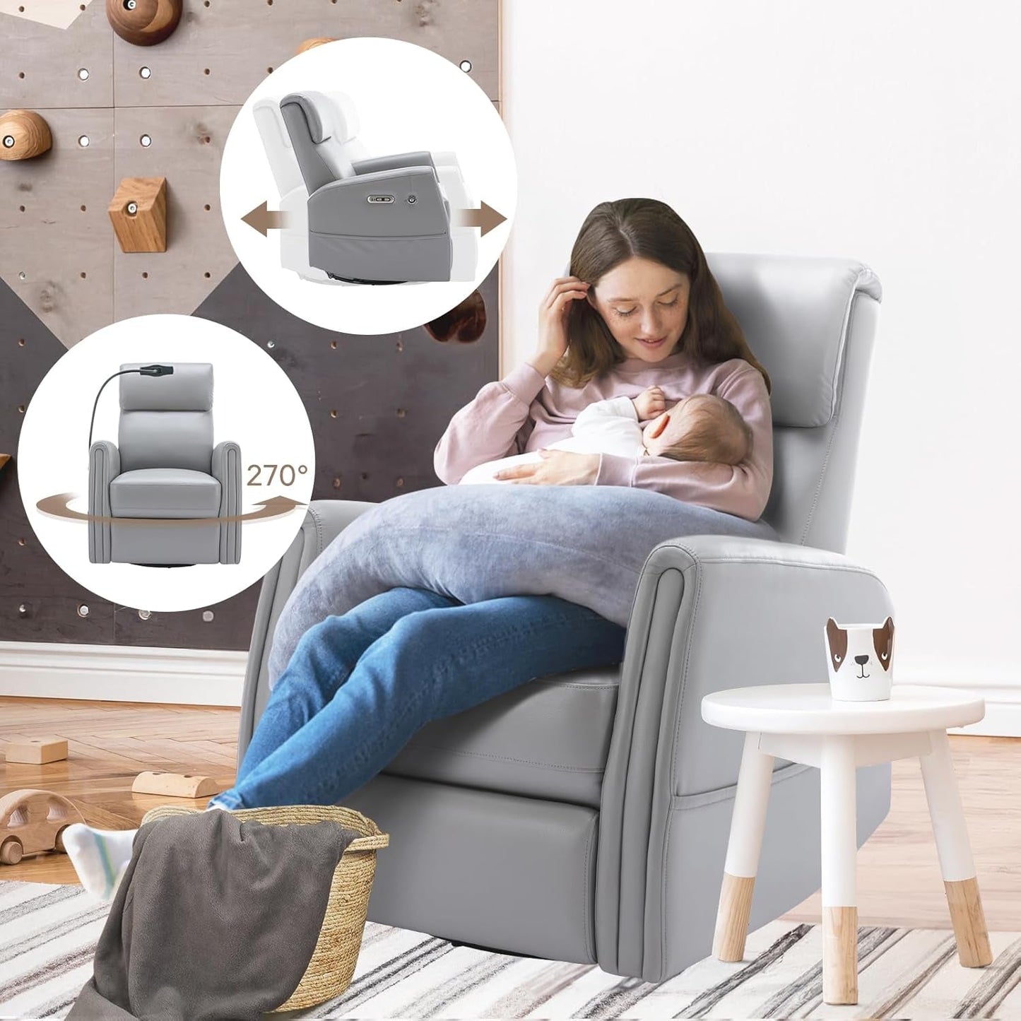 Power Recliner Chair Swivel Glider Rocker for Nursery, Upholstered Faux Leather Living Room Rocking Reclining Single Sofa Chair with 2 Device Holders, Grey-3