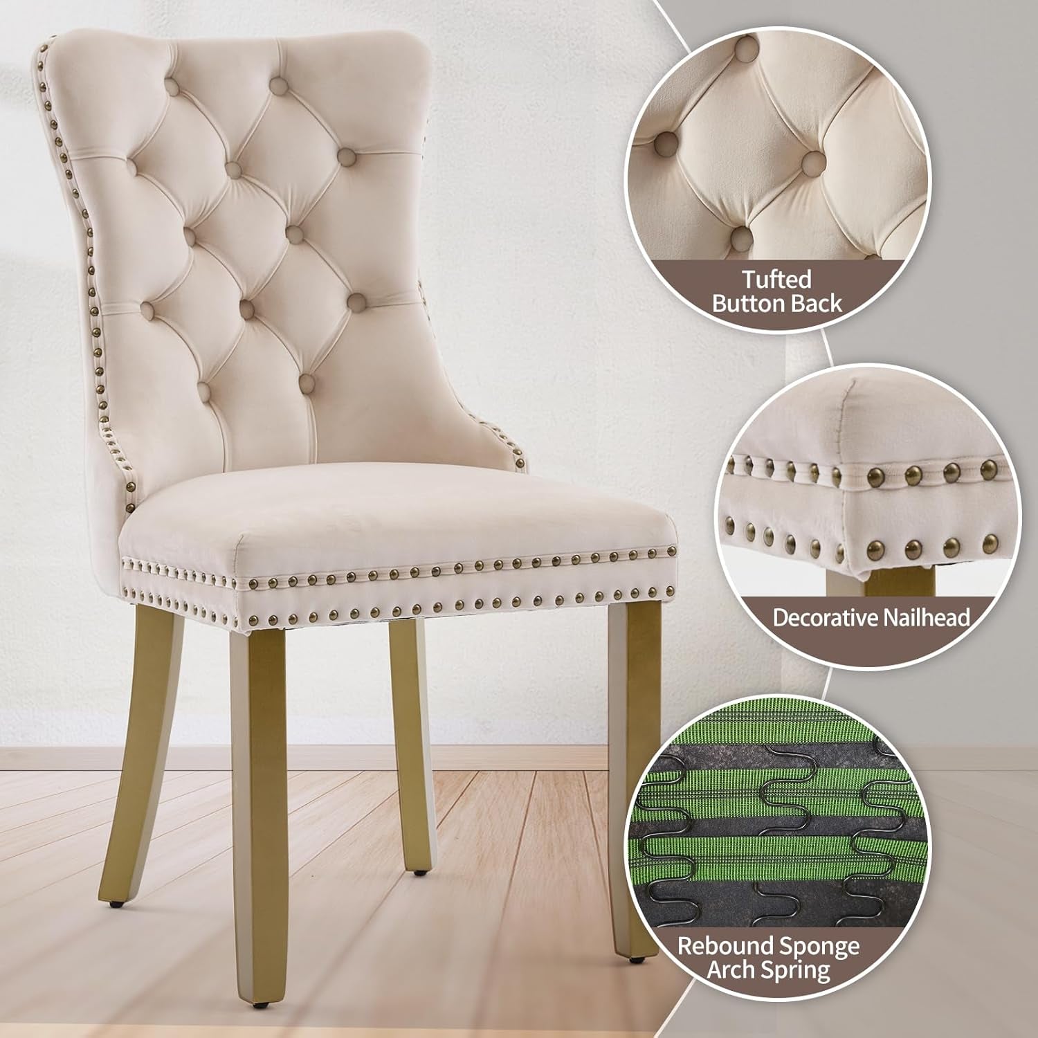 Beige Velvet Dining Chairs Set of 4, Upholstered Dining Room Chairs with Lion Head Pulls Ring and Golden Solid Wood Legs, Modern Button Tufted Kitchen Chairs for Dining Room, Kitchen(Beige)-4
