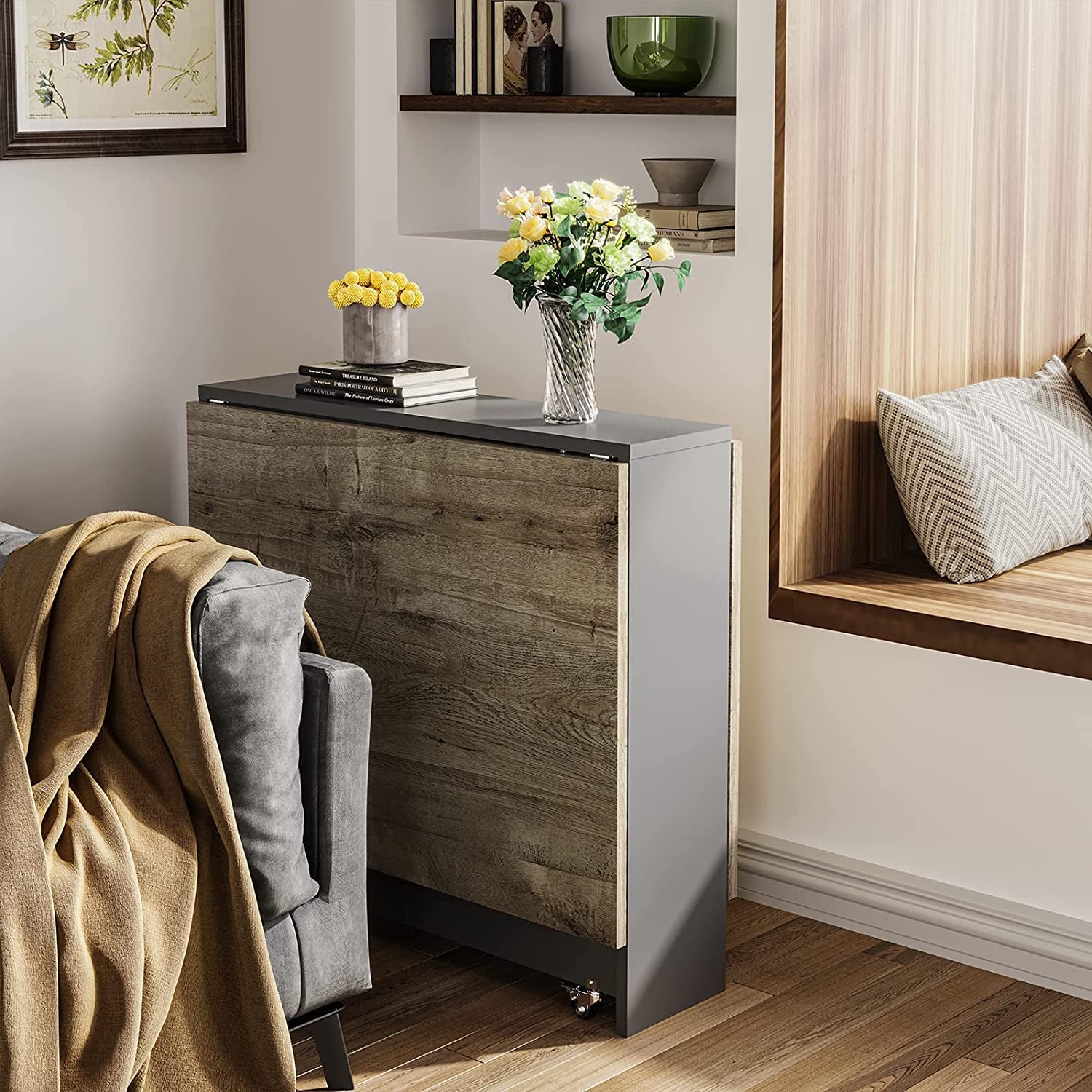 Folding Drop Leaf Dining Table with Wheels/Shelf-0