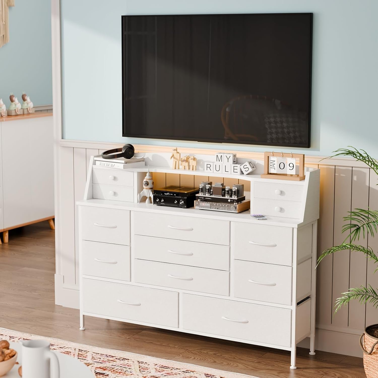 White Dresser for Bedroom with 13 Drawers, Fabric Chest of Drawers with PU Finish for Kids, Girls, Adults, Nursery, Living Room, Closet, Entryway, Hallway (No LED Lights)-4